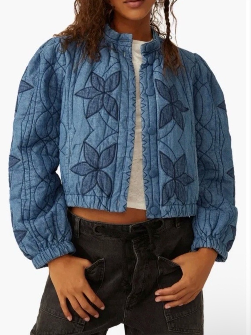 Free People Quinn Quilted Jacket indigo wash Floral Quilt Stitch Fall Coat - Picture 4 of 11